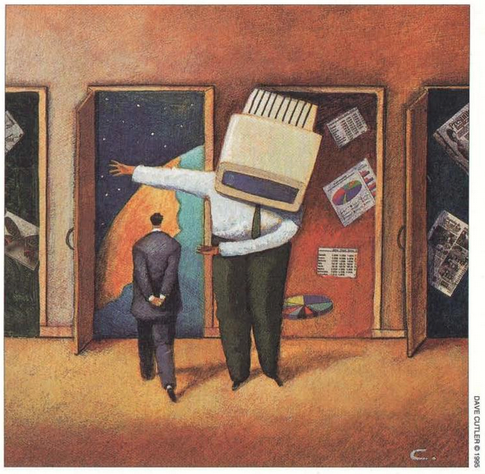 A stylized drawing of a man with a CRT monitor for a head bowing and welcoming someone wearing a suit through a door, symbolizing access to organized information