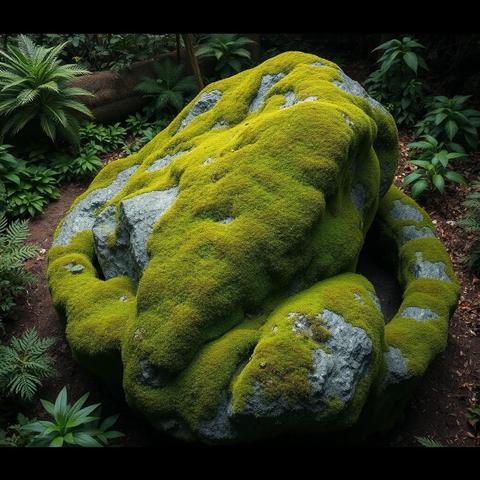 ②« Generated by MagicEraser/SDXL »
A meteorite that fell to Earth long ago has now been transformed into a magnificent sculpture, smothered in lush moss that has covered its surface over time. The meteorite is surrounded by a crater, half of which is buried underground. The rugged meteorite and the soft, velvety moss contrast strikingly against the surrounding lush jungle. This work exudes tranquility and mystery, and invites the viewer to contemplate the cosmic journey that led this celestial object to Earth.