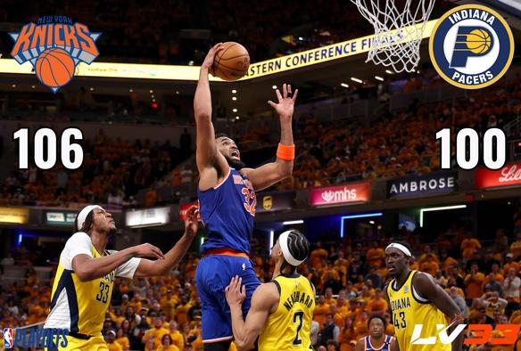 NBA Playoffs Eastern Conference Finals Game 3: New York Knicks edge out Indiana Pacers 106-100 in a thrilling matchup; Knicks player goes for a dunk while Pacers defenders look on, with LV33 logo and team logos included