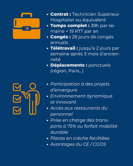 Fond bleu avec icônes orange de valise et de checklist. Liste des avantages du poste d’acheteur IT : contrat hospitalier, 39h + RTT, congés, télétravail, déplacements, participation à des projets d’envergure, environnement innovant, restauration, mobilité durable, crèche, CE.