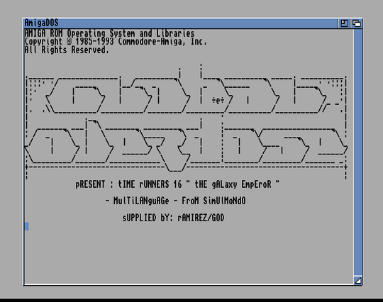 Screenshot of "Time Runners 16 - The Galaxy Emperor" - Crack: Global OverDose (GOD) - Published by Simulmondo on Commodore Amiga (1993)