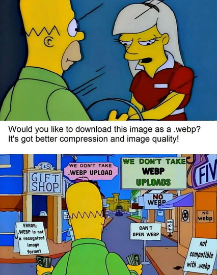 The image is a humorous meme featuring characters from the animated TV show "The Simpsons." The meme is divided into two parts:

The top part shows a character (Homer Simpson) asking another character if she would like to download an image as a .webp file, highlighting that it has better compression and image quality.

The bottom part depicts Homer Simpson walking down a street in a town where various signs indicate that .webp uploads are not accepted. The signs on the shops read phrases like "WE DON'T TAKE .WEBP UPLOAD," "NO WEBP," "CAN'T OPEN WEBP," and "ERROR: .WEBP is not a recognized image format."