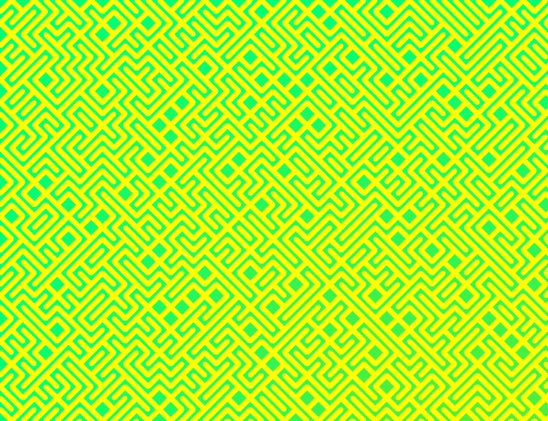 A colorful maze, generated using the 10print method. Picture generation details: screen height: 852, screen width: 1109, primary background color #00FF77, primary line color: #FFFF00, using gradient mask mask17.png, gradient background color #5CEC34, square: 23, width: 10, radiusB: 4, radiusW: 10, effect: 6