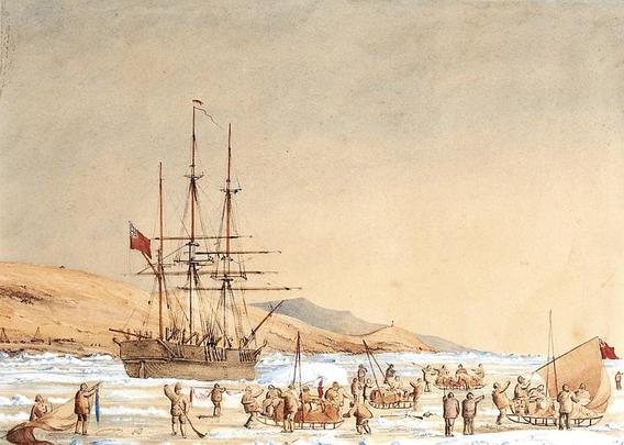 Das Bild von Frederic McDougall zeigt HMS Investigator - im Eis gefangen in der Mercy Bay, umgeben von Männern, die Lastschlitten vorbereiten. 