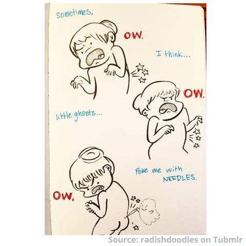 A cartoon of a girl wincing in pain and a little ghost pokes her with needles "Sometimes, I think...little ghosts...poke me with needles. Ow Ow Ow"