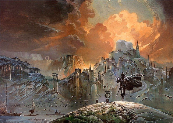 Covert art for paperback edition of Shadow of the Torturer, the first book in the series depicting Severian, the protagonist, walking away from, I think, the city of Nessus.