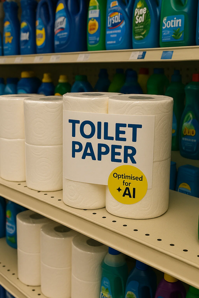 A grocery store shelf displays multiple rolls of toilet paper in plastic-wrapped packs. One pack in the center has a large, bold label that reads “TOILET PAPER” with a yellow sticker below stating “Optimised for AI.” The background shelves are stocked with various cleaning products in brightly colored bottles. The scene is humorous, suggesting a parody of tech marketing language applied to an everyday item.