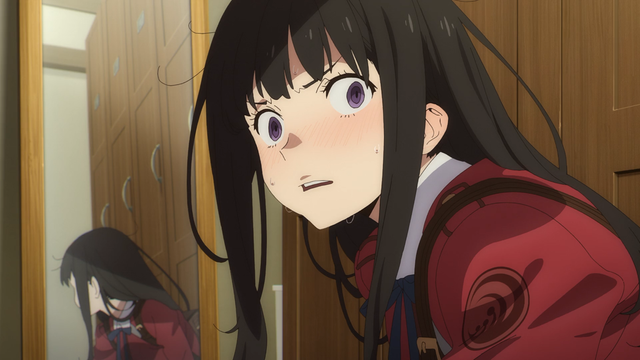 Takina caught trying on Chisato’s uniform from the anime ONA Lycoris Recoil: Friends Are Thieves of Time.