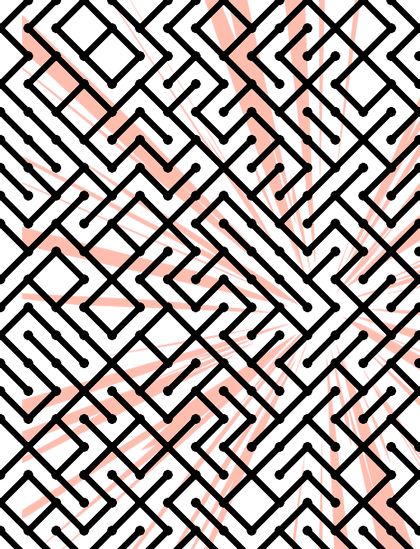 A colorful maze, generated using the 10print method. Picture generation details: screen height: 1062, screen width: 812, primary background color #FFFFFF, primary line color: #000000, using gradient mask mask40.png, gradient background color #FFFFBA, square: 54, width: 13, radiusB: 9, radiusW: 13, effect: 8