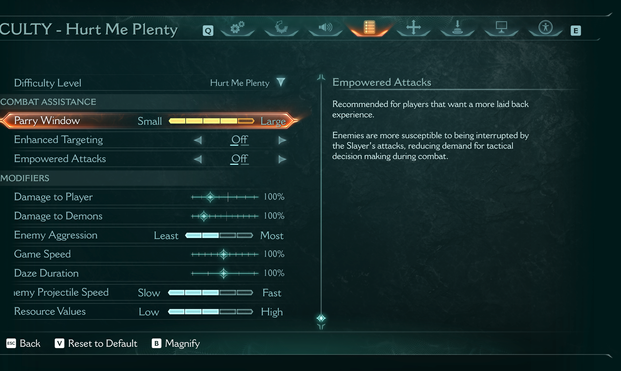 Doom The Dark Age's difficulty menu, featuring about a dozen options from difficulty levels from parry window editing, damage to enemies/player multiplier, reducing game speed etc