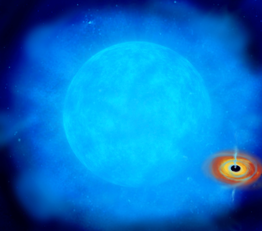 Artistic rendering of the Cygnus X-1 binary system. A massive blue supergiant star (HD 226868) orbits a stellar-mass black hole, which emits powerful X-rays as it captures a portion of the star’s stellar wind. Contrary to previous depictions of a 'focused wind' streaming directly towards the black hole,  the accretion occurs via wind capture rather than direct mass transfer. (Credits: V. Ramachandran & E. Schoesser, Heidelberg University)