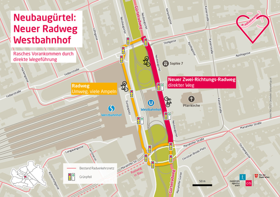 Karte, die den neuen Radweg beim Westbahnhof am Europaplatz in Wien zeigt