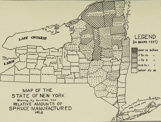 Rapport annuel
[Albany, N.Y. : La Commission, 1903]-1911

quantités relatives de bois d'épicéa fabriqué. Les comtés des régions du nord et de l'ouest, en particulier Steuben, Franklin et Herkimer, affichent la plus forte production de bois d'épicéa.
Carte de l'État de New York montrant, par comté, les quantités relatives d'épicéa produites en 1910.

source : @biodiversitypix@mastodon.art 