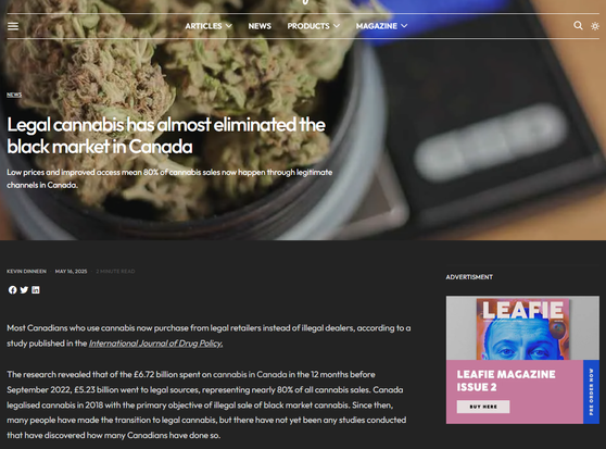 Screenshot 26.05.2025 'Internet - cannabis on a small digital weighing scale
News
Legal cannabis has almost eliminated the black market in Canada
Low prices and improved access mean 80% of cannabis sales now happen through legitimate channels in Canada.