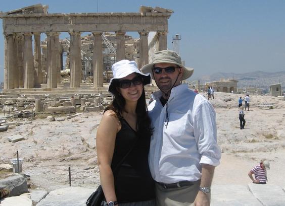 My wife, Alison, and I (for some reason, dressed as SNL character Brian Fellows) in front of the Parthenon at the Acropolis of Athens, May 26, 2010.