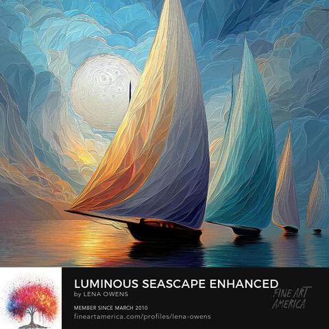 
A dreamlike seascape featuring sailboats drifting across calm waters under an ethereal sky. The full moon casts a soft glow, illuminating the rippling ocean with hues of deep blue, gold, and soft pink. The scene blends realism with abstraction, creating a serene and luminous atmosphere.