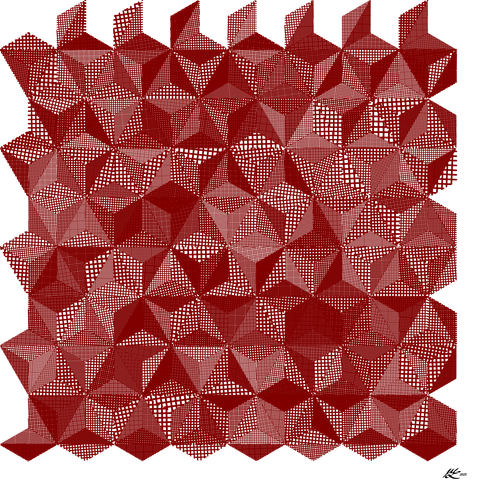 A regular array of triangular tiles. The tiles meet in groups of twelve, creating six-pointed stars. Or you could parse this as groups of three little triangles forming larger triangles that alternate between upwards pointing and downwards pointing. The crosshatchings are in a deep rusty red colour and have different densities and slightly different angles. The variation between dense and loose weaving creates an illusion of depth, although given the lack of regularity in the alternations, it is hard to place a consistent interpretation on that impression. Looking at different parts inverts front and back: what is projecting towards us and what is receding.
