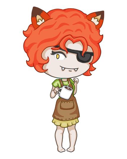 Chibi style illustration of a woman with short, messy red hair, fox ears, and fangs. She wears a black eyepatch over her left eye. She has on a brown apron, and is holding a steaming mug of coffee.