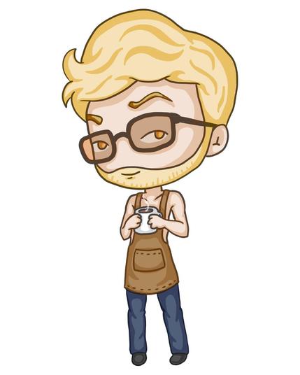 Chibi style illustration of a man with short blonde hair and beard. He is wearing square-ish sunglasses, a brown apron over a bare chest, and jeans. He holds a steaming mug of coffee in both hands.