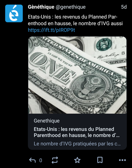 Toot from the account @genethique@mastodon.social featuring a link to an article with the headline :
"États-Unis : les revenus de Planned Parenthood en hausse, le nombre d'IVG aussi"
