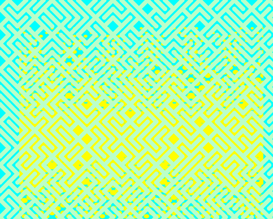 A colorful maze, generated using the 10print method. Picture generation details: screen height: 933, screen width: 1164, primary background color #00FFFF, primary line color: #BAFFC9, using gradient mask mask31.png, gradient background color #FFFF00, square: 37, width: 19, radiusB: 9, radiusW: 19, effect: 11