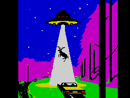 ZX Spectrum pixel art interpretation of cover of "An Illustrated History of UFOs" by Adam Allsuch Boardman (magenta trees)