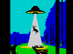 ZX Spectrum pixel art interpretation of cover of "An Illustrated History of UFOs" by Adam Allsuch Boardman (original)