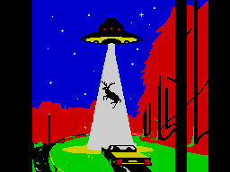 ZX Spectrum pixel art interpretation of cover of "An Illustrated History of UFOs" by Adam Allsuch Boardman (red trees)