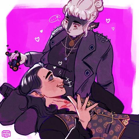 (They/Them for both characters) One person is laying upon the lap of the other. They look like they're enjoying a lovely conversation with each other.
