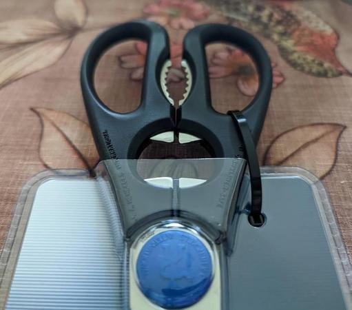 Photo of a pair of kitchen scissors tied inside its plastic package with a zip tie at the handle