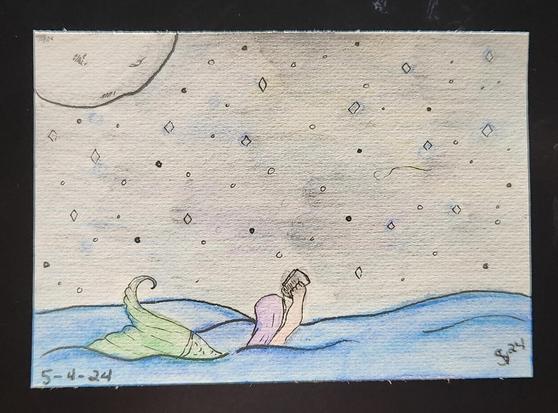 Mermaid stargazing in the ocean using binoculars. 