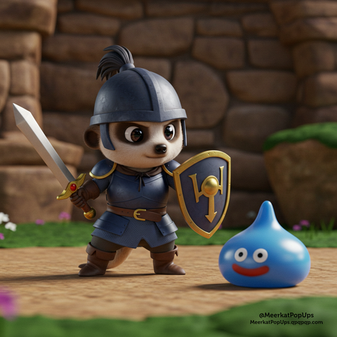 これはAI生成画像です。画像には、ドラゴンクエストの勇者の鎧とヘルメットを着用したミーアキャットが、剣と盾を持って立っている様子が描かれています。そのミーアキャットの右隣には、青いスライムが笑顔でいます。背景は石造りの壁と緑の地面で、ファンタジーの世界観が表現されています。

This is an AI-generated image. The image depicts a meerkat dressed in Dragon Quest hero armor and a helmet, standing with a sword and shield. To the right of the meerkat, there is a blue slime with a smiling face. The background consists of a stone wall and green ground, expressing a fantasy world setting.