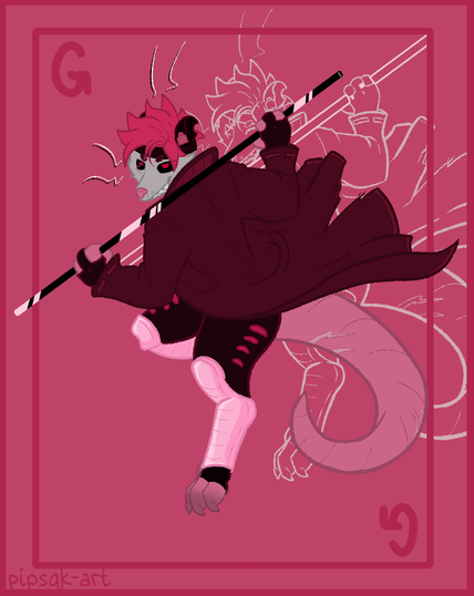 ID: A pink monochromatic digital drawing of Gambit as an anthro opossum. He is in his second pose from the intro of the 1992 X-Men animated show. There is a pale white afterimage of the linework behind him. The background is a hot pink with dark pink lines emulating a playing card and a capital 'G' where the suit would be. End ID.