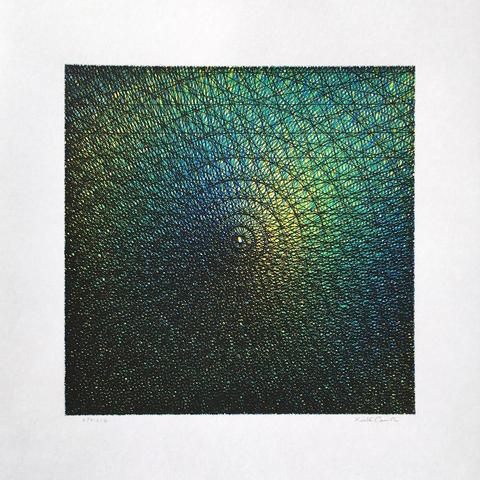 An abstract drawing made with Rotring pens, using straight lines in various colours to create a square with the impression of a cone protruding from it. Yellows, greens and blues can be seen in the interference patterns of the lines. If you could see it in real life, you'd see that the ink has a deep, iridescent sheen.