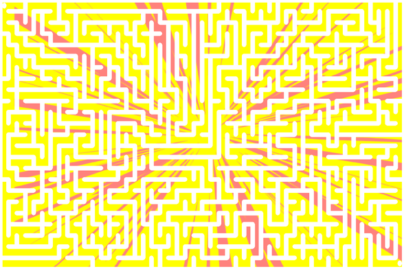 A colorful autogenerated maze. Picture generation details: screen height: 1166, screen width: 1749, primary background color #FFFF00, primary line color: #FFFFFF, using gradient mask mask40.png, gradient background color #FF00FF, square: 46, width: 25, radiusB: 17, radiusW: 12, effect: 10