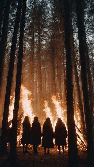 "Never put your faith in a Prince. When you require a miracle, trust in a Witch." 
A quote by Catherynne M. Valente from  "In the Night Garden"

A dark mysterious picture, deep in the dark forest. The picture is bright with huge fires burning in the woods. 4 witches in dark, long capes are watching it. The fire is burning, you can almost feel it's hot nature, and it draws the shilouette of the witches and the trees.