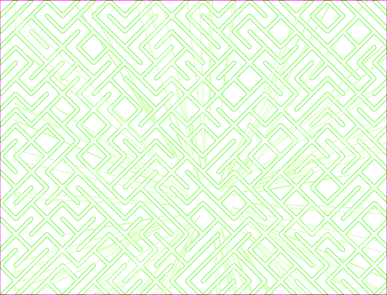 A colorful maze, generated using the 10print method. Picture generation details: screen height: 869, screen width: 1142, primary background color #FF00FF, primary line color: #770000, using gradient mask mask40.png, gradient background color #770000, square: 46, width: 11, radiusB: 5, radiusW: 11, effect: 1