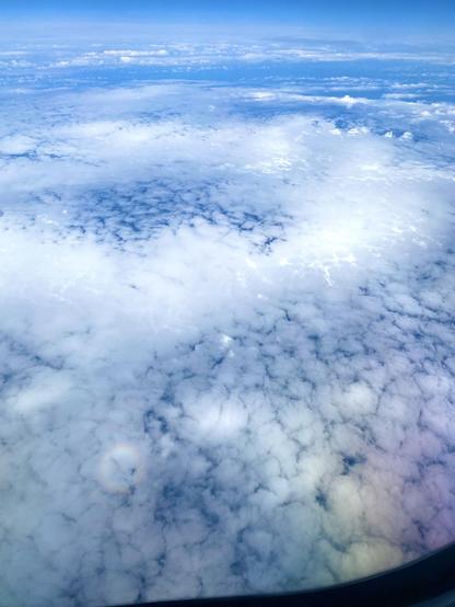 Glory seen from a plane window with widely diffused rainbow colors