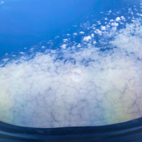 Glory seen from a plane window with widely diffused rainbow colors