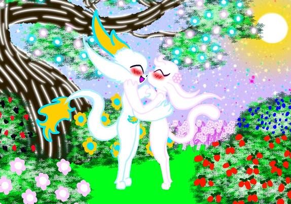 Little Sakura kisses Ryusei on the snout with young love. The beauty and the dragon together on a very beautiful day as the sun and the stars shine bright across the blue pink daylight skies, the bushes full of berries are fresh to enjoy, the spirit tree's big and full of life, and the flowers bloom beautifully.