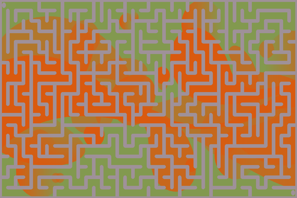 A colorful autogenerated maze. Picture generation details: screen height: 1045, screen width: 1567, primary background color #82994F, primary line color: #9F9199, using gradient mask mask36.png, gradient background color #D95A0F, square: 56, width: 30, radiusB: 17, radiusW: 15, effect: 12