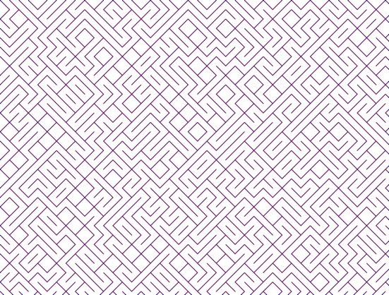 A colorful maze, generated using the 10print method. Picture generation details: screen height: 879, screen width: 1159, primary background color #FF00FF, primary line color: #000077, square: 28, width: 2, radiusB: 0, radiusW: 2, effect: 6