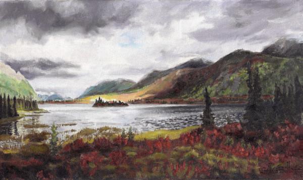 Oil painting on canvas of an autumn lake surrounded by low mountains. Spruce trees are among autumn foliage, red near and yellow on the opposite shore, while gray and white clouds drift overhead reflecting in the water.