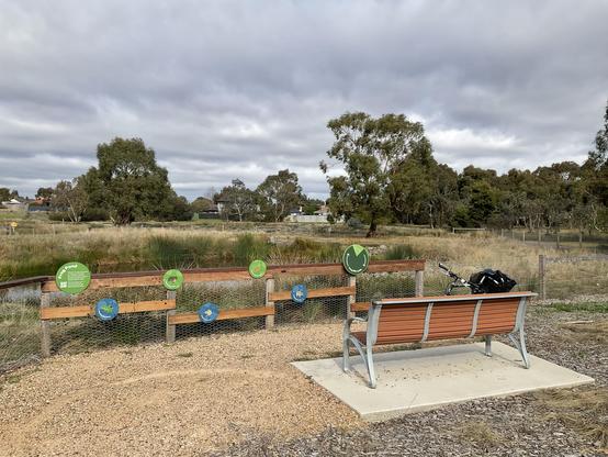Looking out across 2+ year old revegetation wetland at Moomba Park. 

Established eucalyptus/ gum trees on horizon before suburban housing.

Spikey green plants in the water and edges provide habitat for rewilding with birds 🦅 🦢fish 🐠 🐟 frogs 🐸 toads & insects 🐞 🐜 🦟 🪰 

Signage explains egg-tadpole-frog cycle and some local sorts found hereabouts.

Seating brown wooden slats on great metal frame and light great concrete base on pedestrian pathway. Grey sky clouds prepare for rainfall to water the bull rushes, grasses, plants, trees, wetland and nearby Merri Creek 