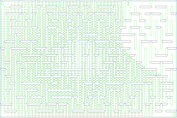 A colorful autogenerated maze. Picture generation details: screen height: 1177, screen width: 1765, primary background color #F97D0E, primary line color: #0682F1, using gradient mask mask35.png, gradient background color #4DABA7, square: 48, width: 33, radiusB: 23, radiusW: 16, effect: 1