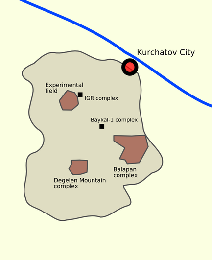 Die verschiedenen Einrichtungen sind innerhalb des Semipalatinsk-Testgeländes angesiedelt
Autor: en:User:Finlay_McWalter, https://en.wikipedia.org/wiki/User:Finlay_McWalter
Lizenz: CC BY-SA 3.0