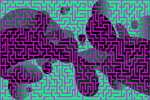 A colorful autogenerated maze. Picture generation details: screen height: 841, screen width: 1261, primary background color #00FF77, primary line color: #FF00FF, using gradient mask mask36.png, gradient background color #000000, square: 56, width: 25, radiusB: 14, radiusW: 12, effect: 14