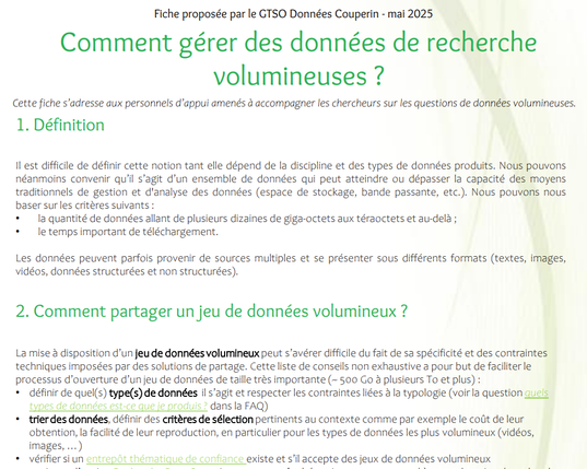 Aperçu de la fiche pratique "Comment gérer des données de recherche volumineuses ?" du Groupe de Travail Science Ouverte du consortium Couperin