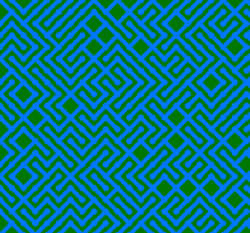 A colorful maze, generated using the 10print method. Picture generation details: screen height: 853, screen width: 916, primary background color #007700, primary line color: #0077FF, square: 43, width: 15, radiusB: 11, radiusW: 15, effect: 7