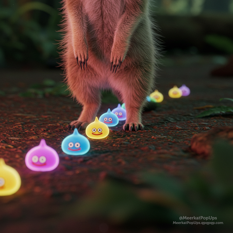 これはAI生成画像です。画像はミーアキャットの下半身がクローズアップされており、その股の間を光るカラフルなスライムたちが一列に並んで進んでいます。スライムはピンク、青、黄色など様々な色で輝いており、背景はぼやけた暗い緑の地面と植物で構成されています。

This is an AI-generated image. The image shows a close-up of the lower half of a meerkat, with a line of glowing, colorful slimes moving in single file between its legs. The slimes glow in various colors such as pink, blue, and yellow, and the background consists of blurred, dark green ground and foliage.
